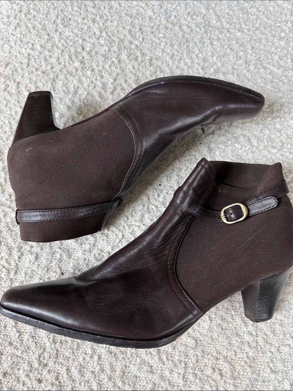 Prevata Dark Brown Leather & Fabric Ankle Booties with Buckle